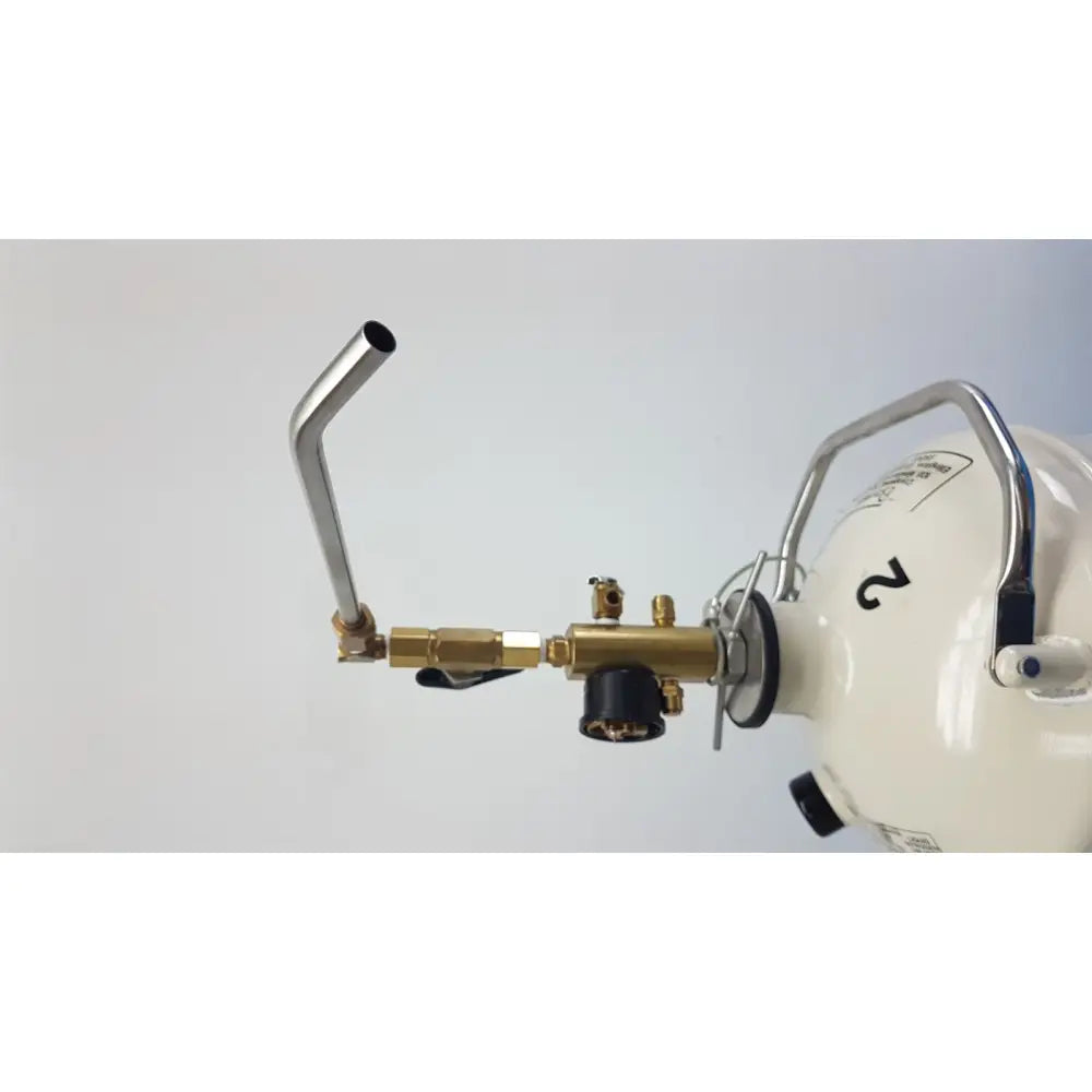 White cylindrical mve lab 10 liter liquid nitrogen dewar with brass regulator and silver hose withdrawal device attachment