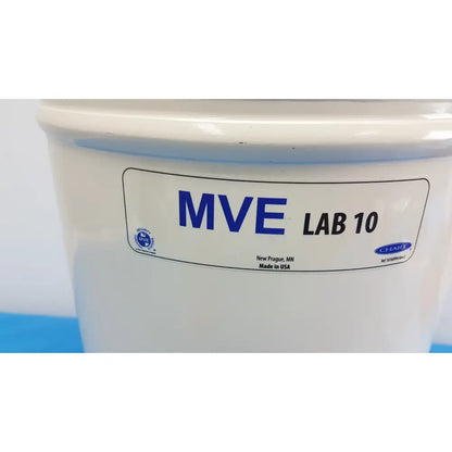 White plastic mve lab 10 liter liquid nitrogen dewar with withdrawal device and blue text made in the usa label