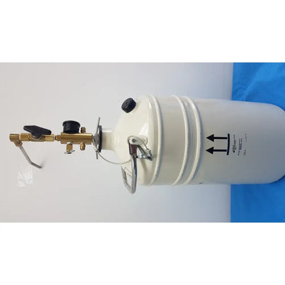 White cylindrical mve lab 10 liter liquid nitrogen dewar with brass valve assembly and black handle withdrawal device