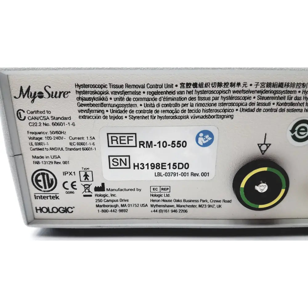 Myosure hologic hysteroscopic tissue removal control unit rm-10-550 in white black with green accents for precise tissue removal