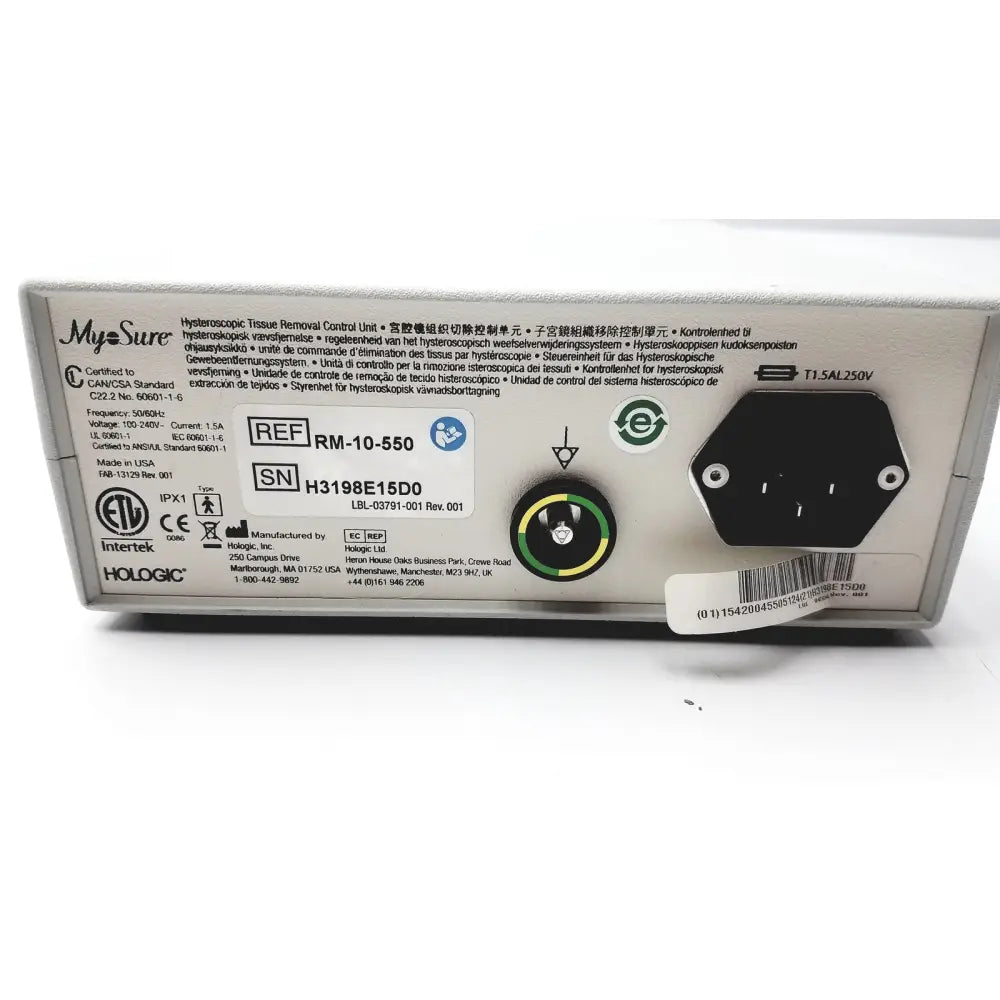 Silver metallic myosure hologic hysteroscopic tissue removal control unit rm-10-550 with black and green ports