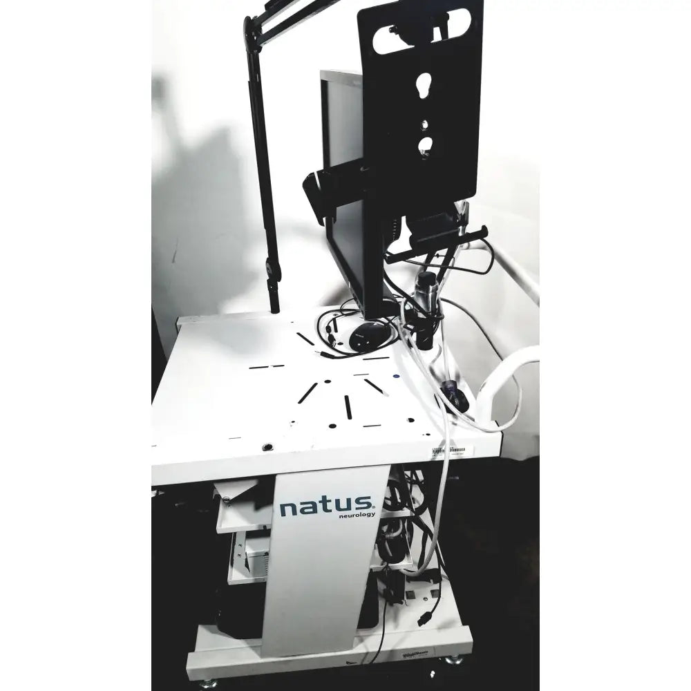 Natus neurology nicolet edx base system with white medical imaging cart featuring adjustable black arm and monitor mount