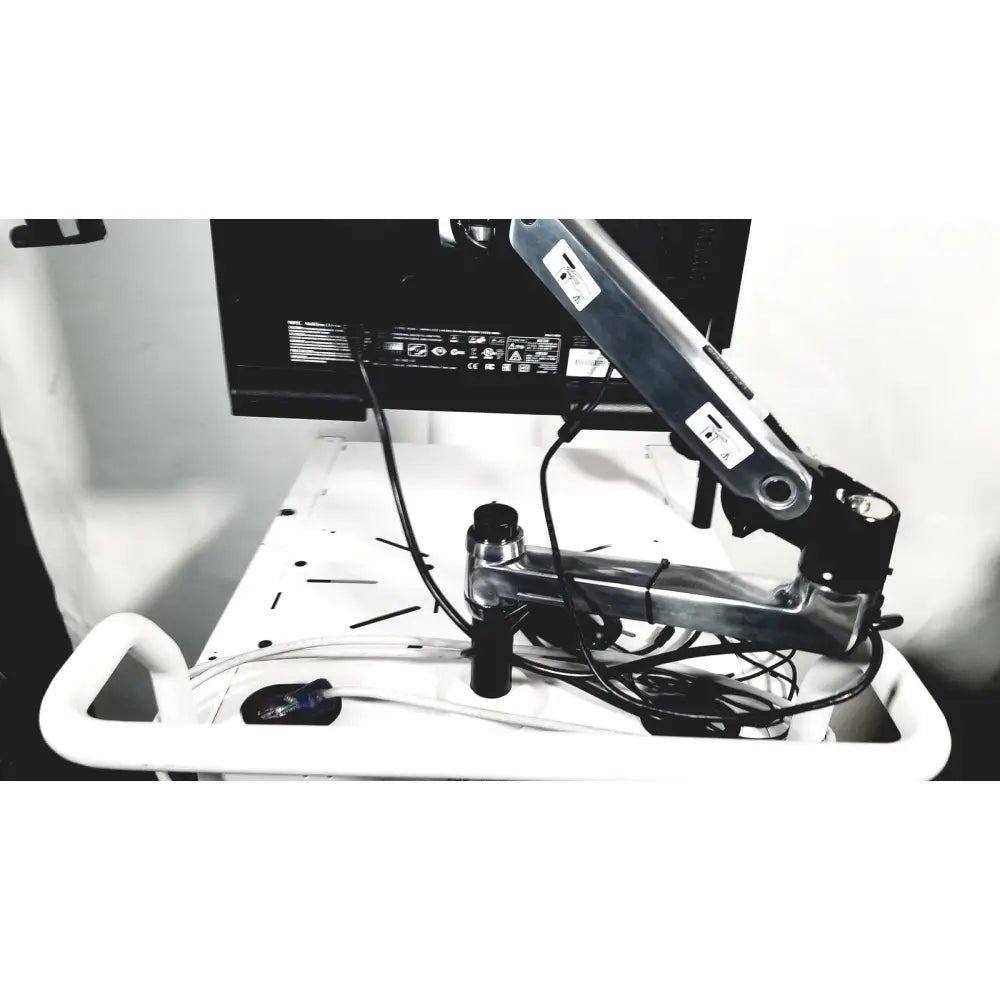 Black and silver articulated monitor arm with adjustable joints and mounting hardware for natus neurology nicolet edx base system