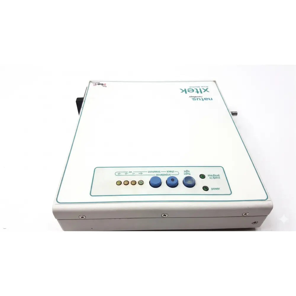 White rectangular natus neurology xltek brain monitor with teal branding and control panel featuring blue knobs and indicator lights