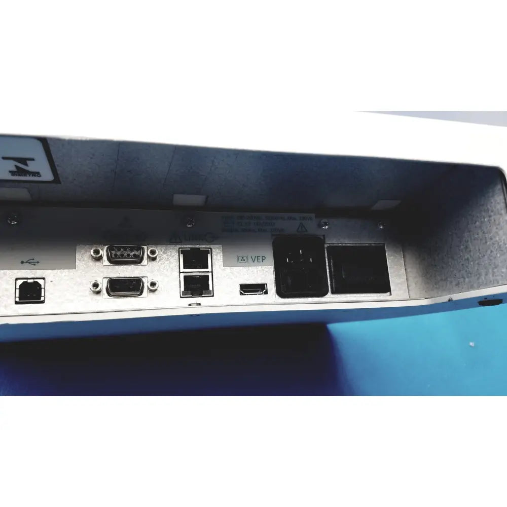 Silver metallic back side of natus ultrapro s100 unit control panel with multiple ports including usb ethernet and hdmi connectors