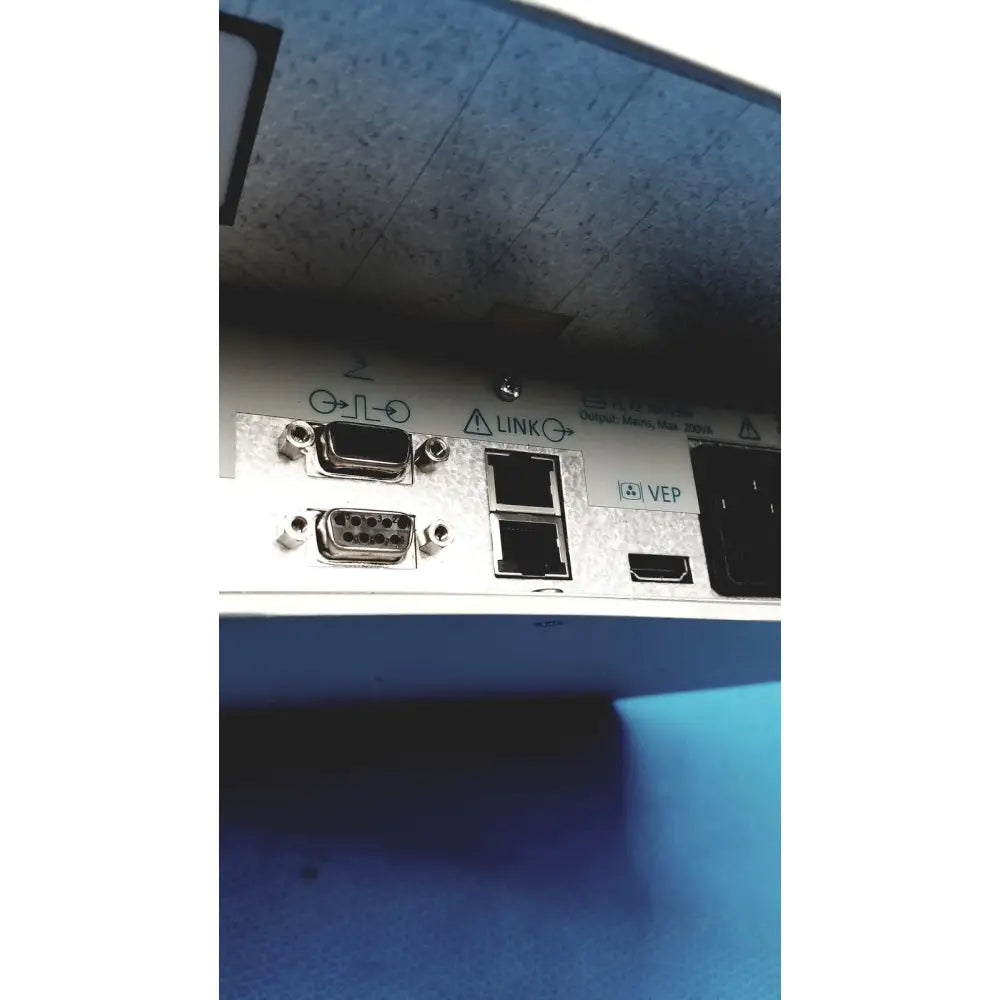 Silver metal back panel of natus ultrapro s100 unit control featuring dvi, hdmi, and ethernet ports
