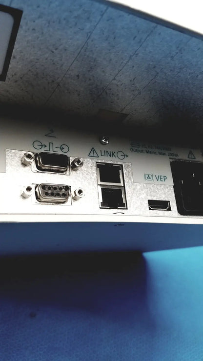 Silver metal back panel of natus ultrapro s100 unit control featuring dvi, hdmi, and ethernet ports
