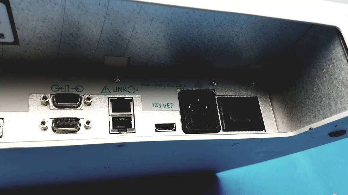 The back panel of the white natus ultrapro s100 unit control panel featuring dvi, ethernet, and usb type-c ports