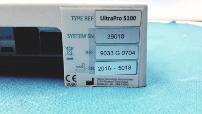 White plastic label on natus ultrapro s100 unit control panel displaying ultrapro s100 and technical specifications