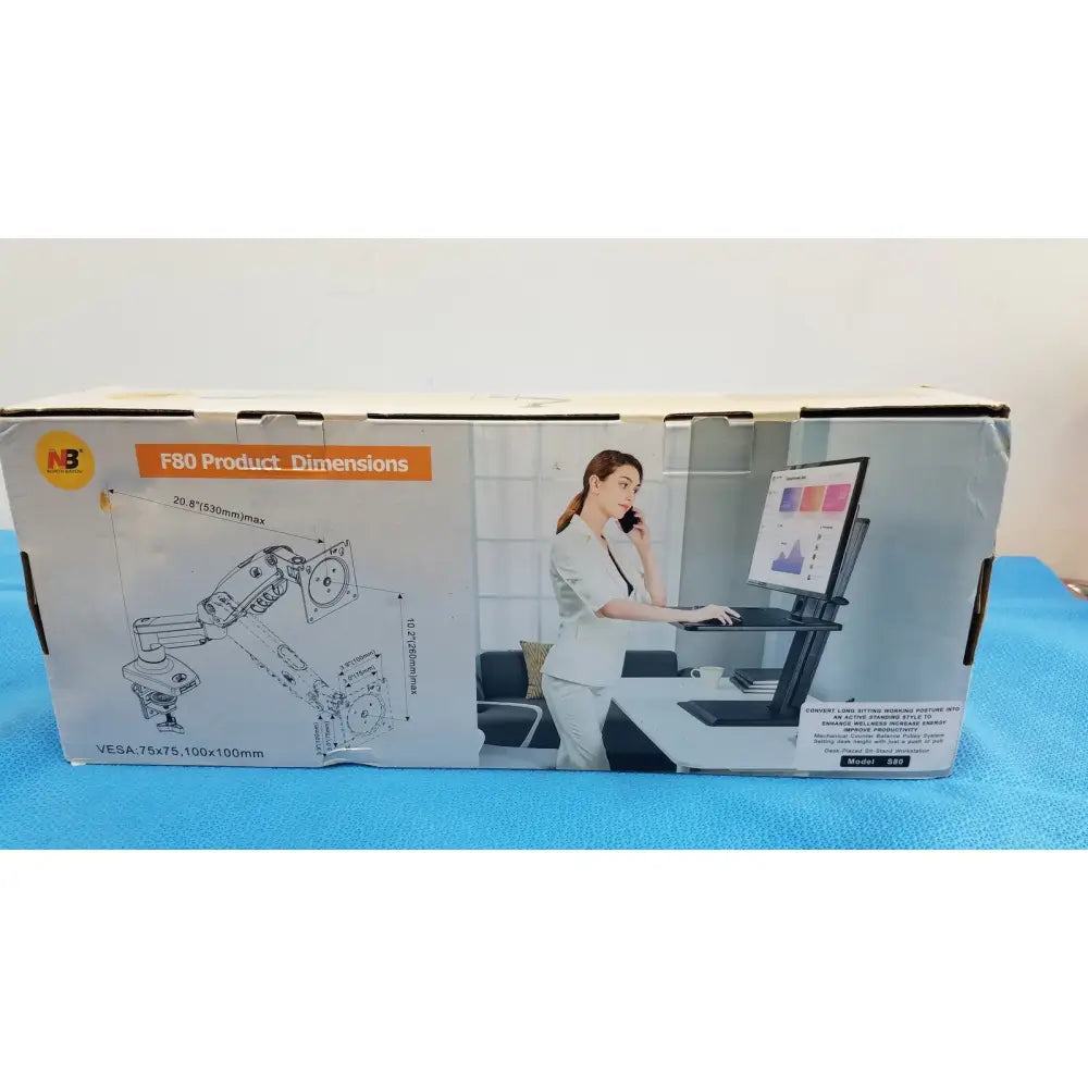 The box for the north bayou f80 flexi desktop single monitor stand with metallic design and dimensions printed on its side