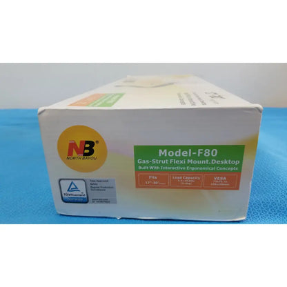 White cardboard box for north bayou f80 gas-strut flexi desktop single monitor mount with green and orange labeling