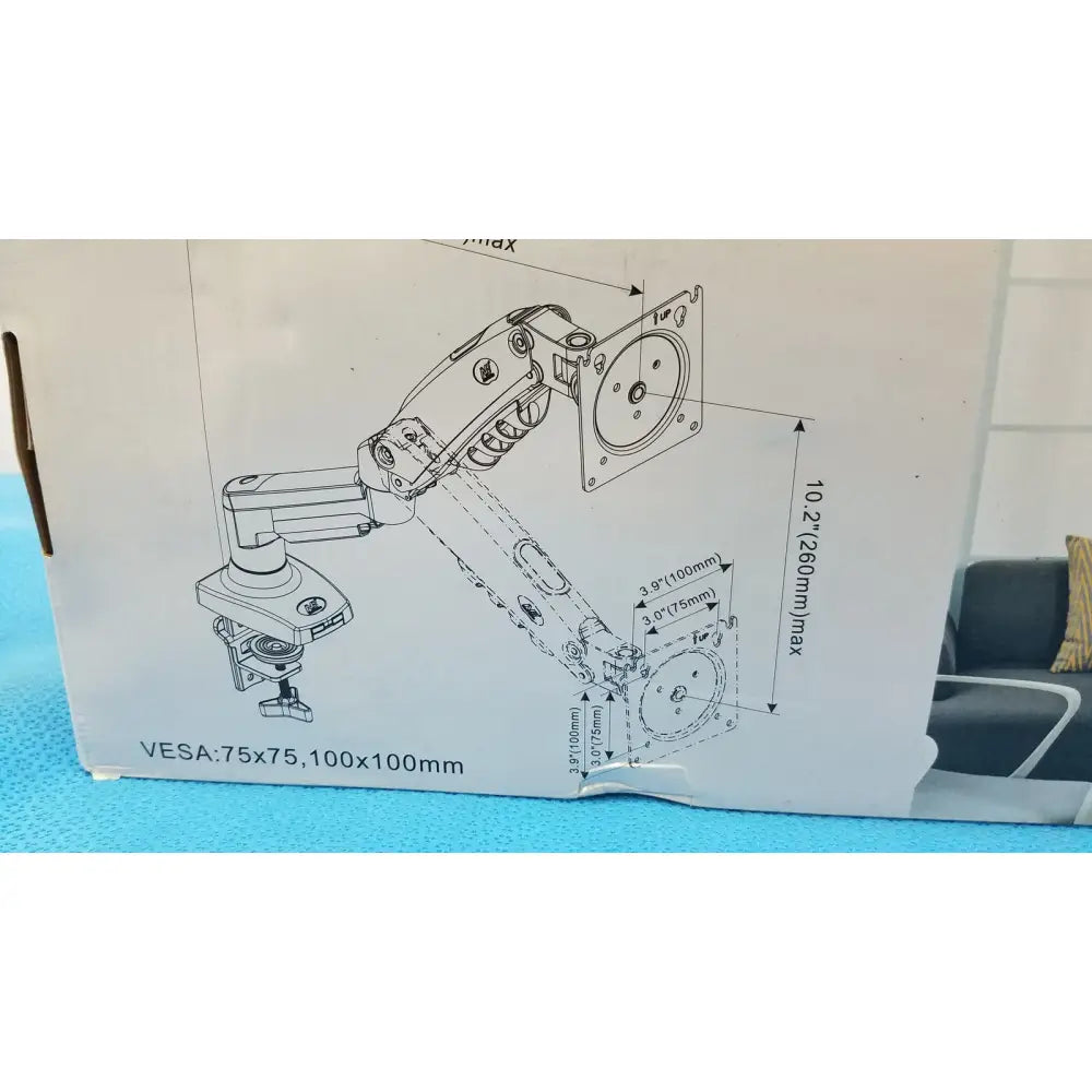 The box shows a detailed technical illustration of the north bayou f80 flexi desktop single monitor arm mount with vesa specs