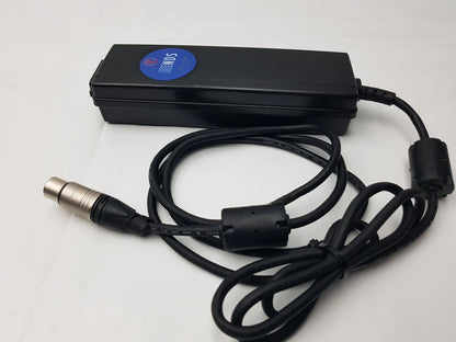Black rectangular medical power supply bpm150s24f06 with blue logo and coiled cable featuring silver xlr connector