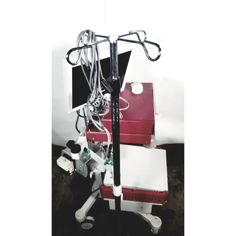 Black metal iv pole with multiple curved hooks and central tube for nec laborie aquarius ct urodynamic analyzer use