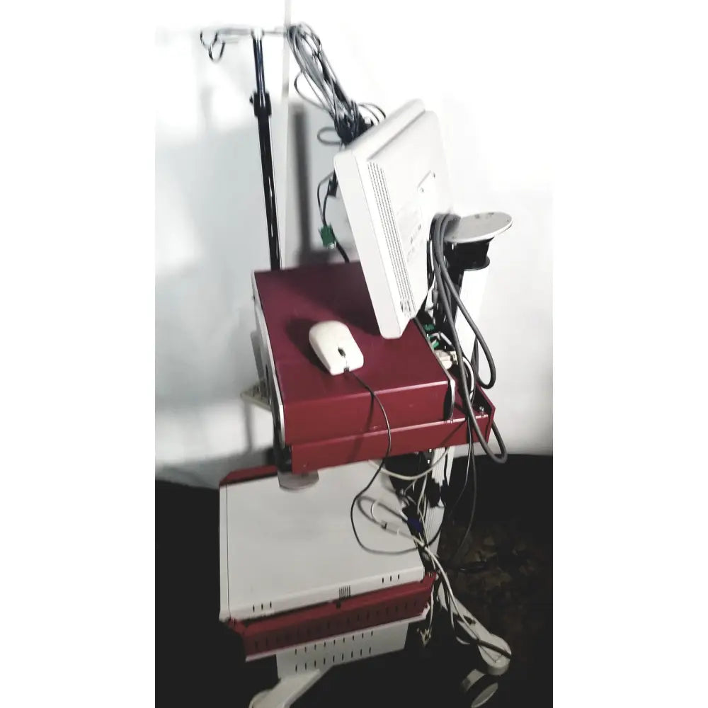 Red and white nec laborie aquarius ct urodynamic analyzer cart with multisync lcd monitor mouse and cables