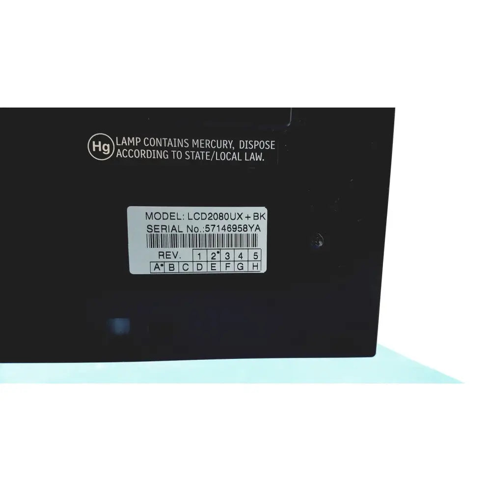 Black nec multisync led 2080ux bk monitor showing model lcd2080ux plus and serial number 57146958ya