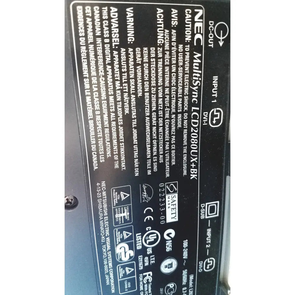 Nec multisync led 2080ux bk monitor label in black text on the back side of the multisync led display panel