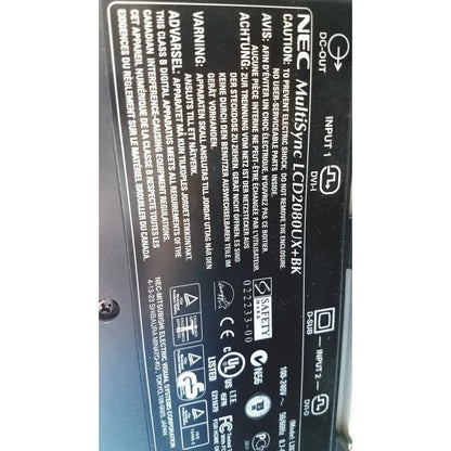 Nec multisync led 2080ux bk monitor label in black text on the back side of the multisync led display panel