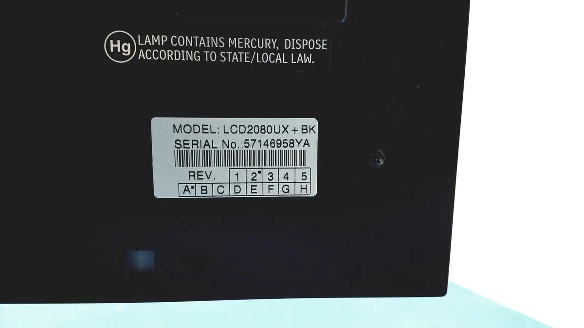 Black nec multisync led 2080ux bk monitor showing model lcd2080ux plus and serial number 57146958ya