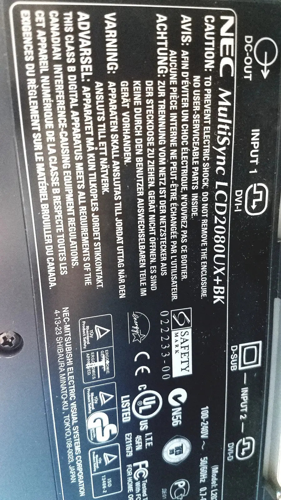 Nec multisync led 2080ux bk monitor label in black text on the back side of the multisync led display panel