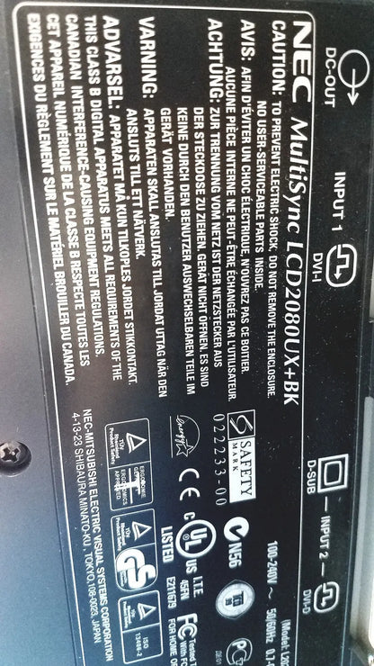 Nec multisync led 2080ux bk monitor label in black text on the back side of the multisync led display panel