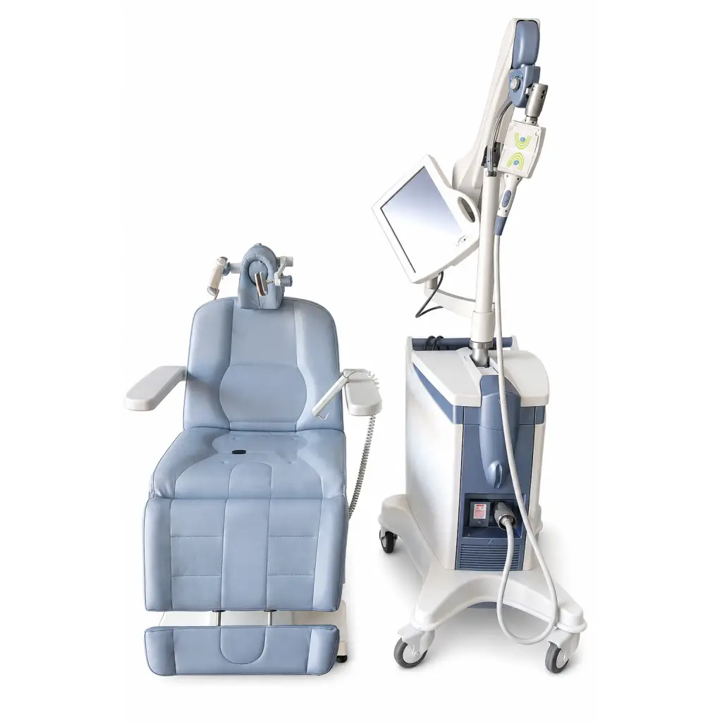 Light blue padded neuronetics neurostar tms therapy patient chair with adjustable headrest and mobile unit