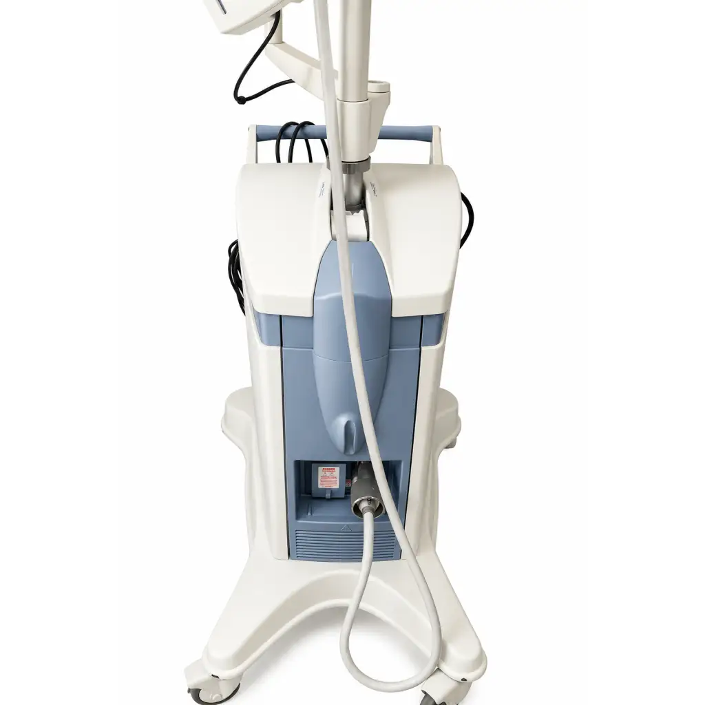 Medical laser treatment machine with white and light blue plastic housing on wheeled stand for neuronetics neurostar tms therapy