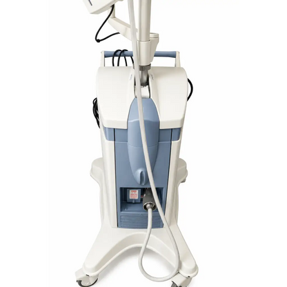 Medical laser treatment machine with white and light blue plastic housing on wheeled stand for neuronetics neurostar tms therapy