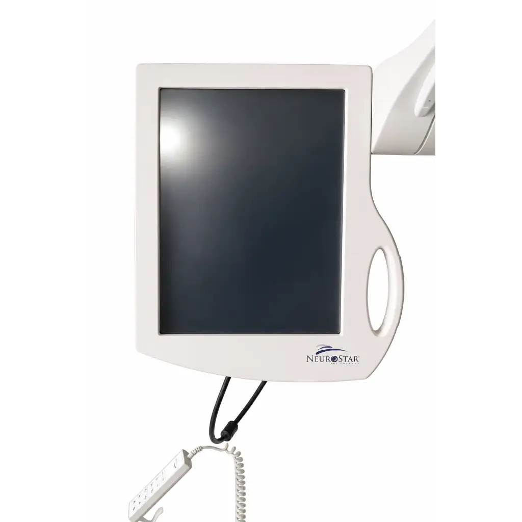 White neuronetics neurostar tms therapy device with rectangular screen and handle unit