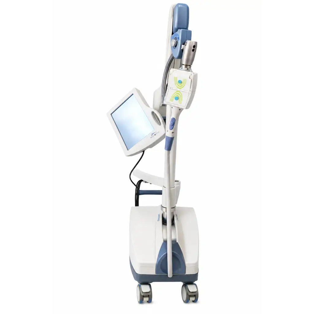 Medical-grade neuronetics neurostar tms therapy device with sleek white and blue design with patient chair