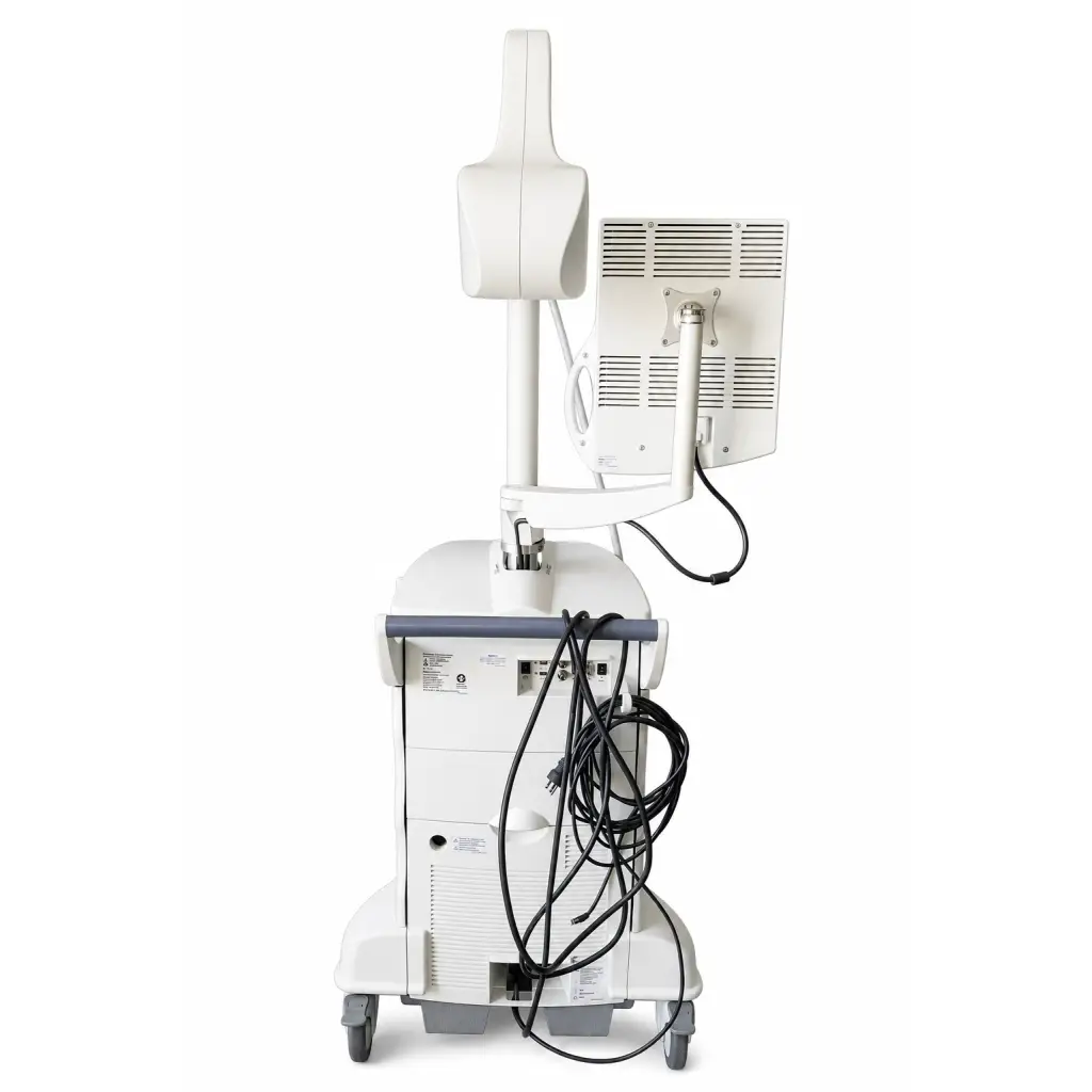 White neuronetics neurostar tms therapy system with monitor probe arm and wheeled cart for patient use