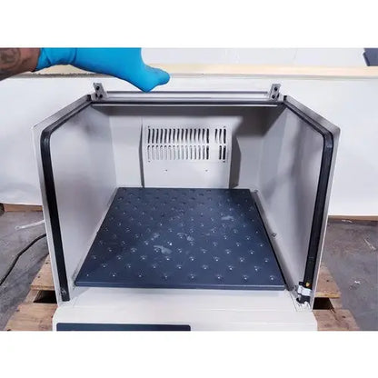 Silver metallic lab-grade environmental chamber with black rubberized platform and ventilation grille brunswick scientific classic c24