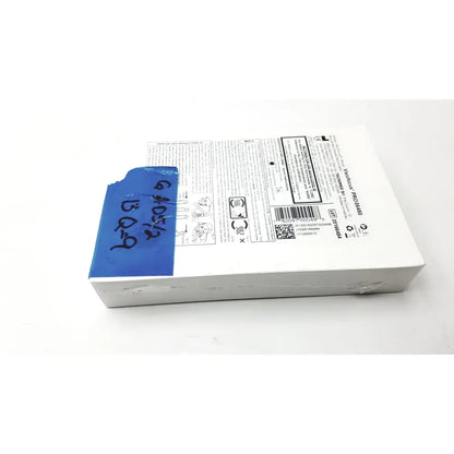 White rectangular box with blue tape showing the back side of visiofocus pro professional non-contact forehead infrared thermometer packaging