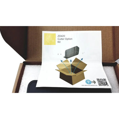 Instruction manual for the new zebra p1080383-042 cutter option upgrade kit for zd420 printer with yellow logo and diagram