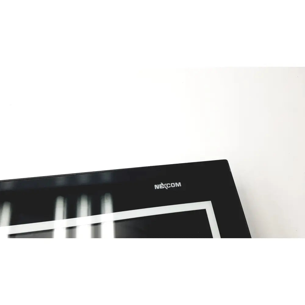 Black nexcom ippd2100p multimedia panel pc with glossy finish and white branding on top bezel