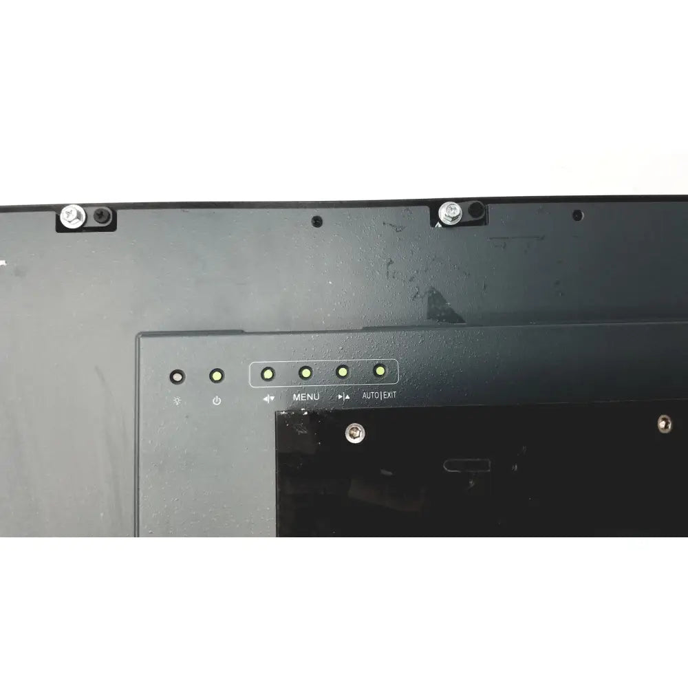 Black plastic back panel of nexcom ippd2100p multimedia panel pc with five illuminated green indicator lights and labeled buttons