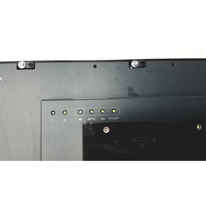 Black plastic back panel of nexcom ippd2100p multimedia panel pc with five illuminated green indicator lights and labeled buttons