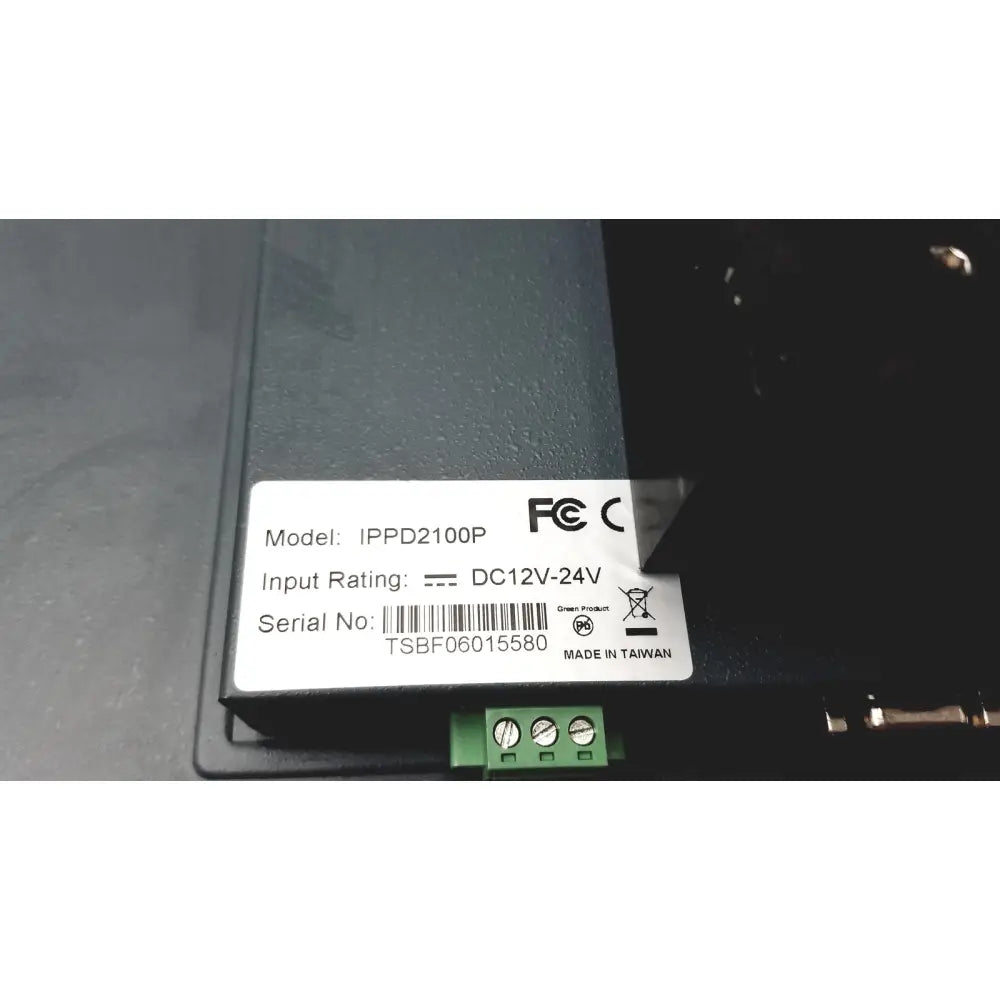 Black rectangular power supply unit with white label ippd2100p and green terminal block for nexcom ippd2100p multimedia panel