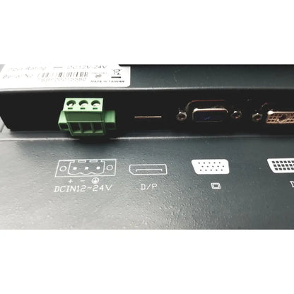 Black nexcom ippd2100p multimedia panel pc back with green terminal block and vga dvi hdmi ports visible