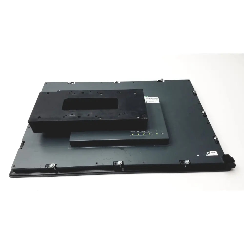 Black industrial-grade mounting plate assembly with control module and status lights on nexcom ippd2100p multimedia panel