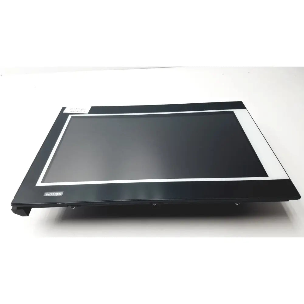 Black industrial touchscreen monitor with white bezel and mitsubishi logo on nexcom ippd2100p multimedia panel pc