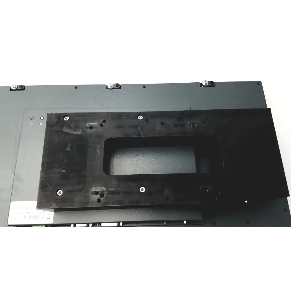Black plastic laptop base plate with rectangular cutout and screw holes for nexcom ippd2100p multimedia panel pc back side