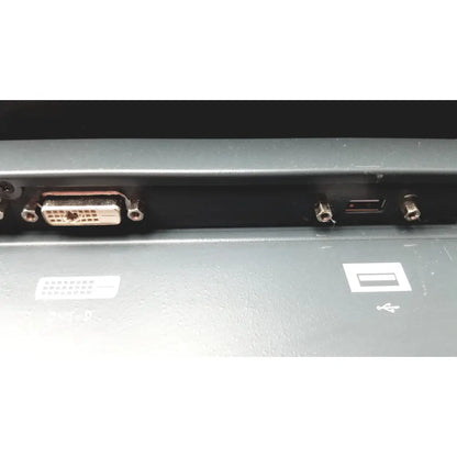 Backside of nexcom ippd2100p multimedia panel pc showing a metallic dvi-d port and screws on dark gray casing