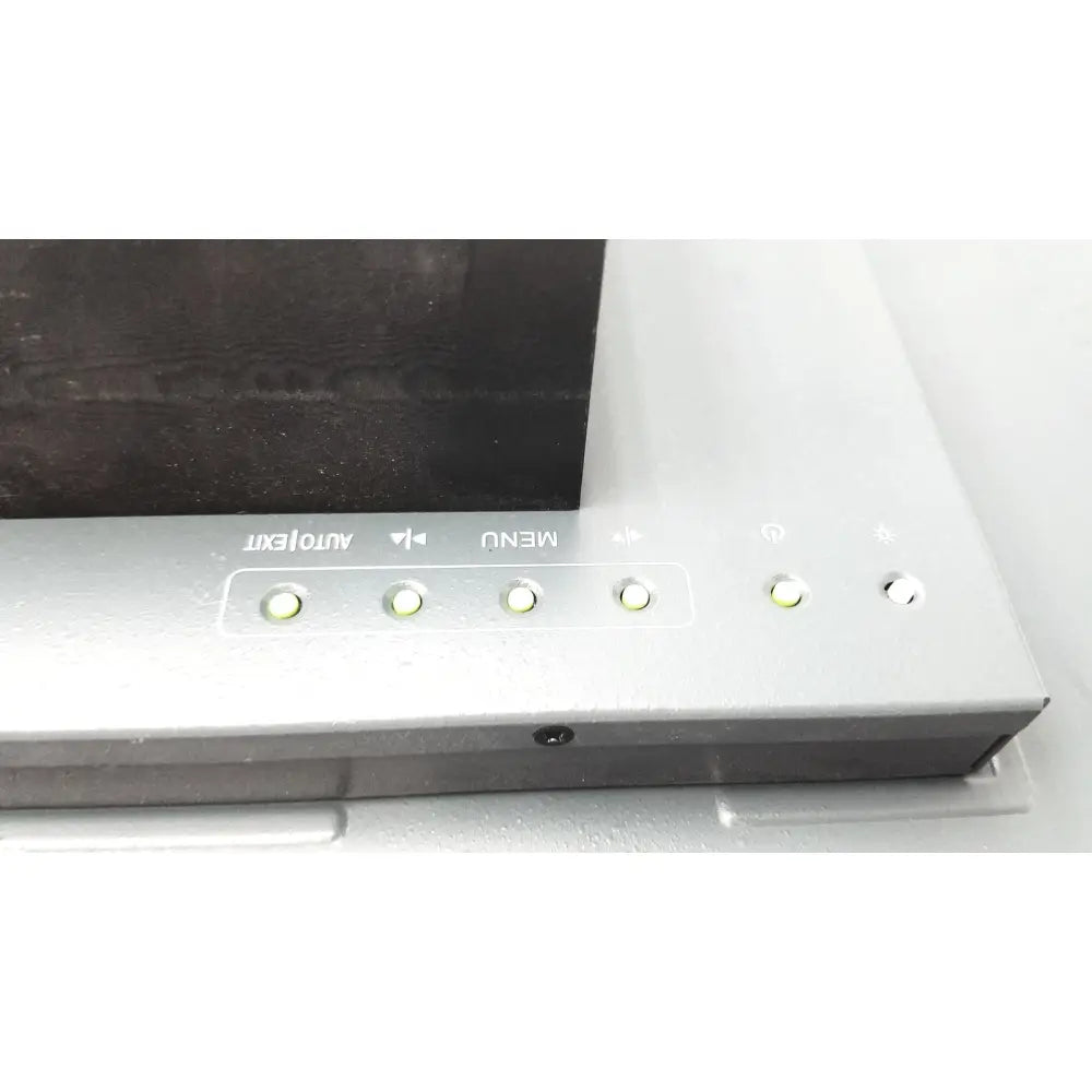 Silver-framed nexcom ippd2100p multimedia panel pc featuring auto text and menu buttons with illuminated indicator lights