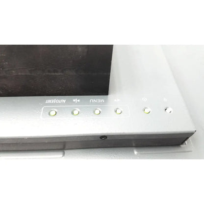 Silver-framed nexcom ippd2100p multimedia panel pc featuring auto text and menu buttons with illuminated indicator lights