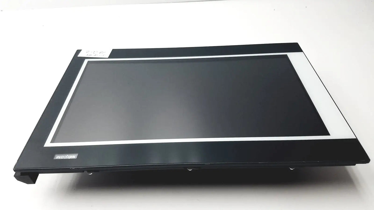 Black industrial touchscreen monitor with white bezel and mitsubishi logo on nexcom ippd2100p multimedia panel pc