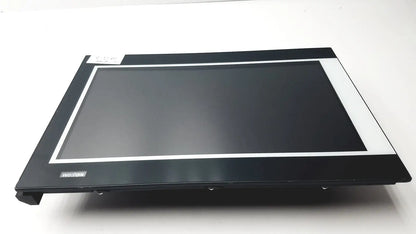 Black industrial touchscreen monitor with white bezel and mitsubishi logo on nexcom ippd2100p multimedia panel pc