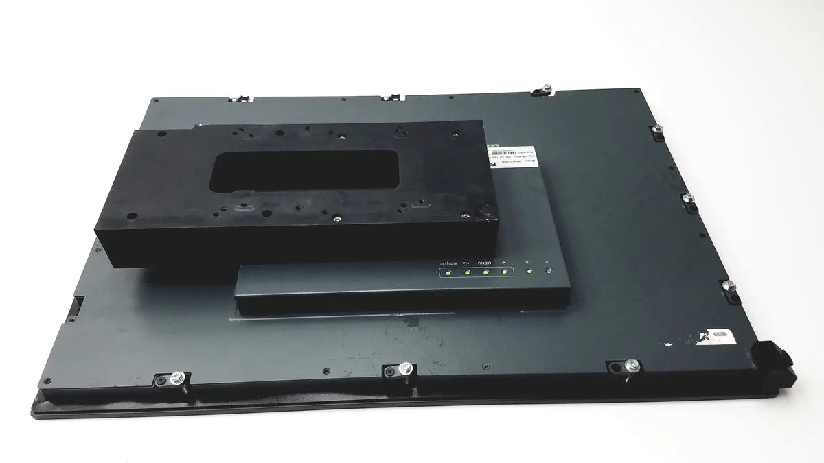 Black industrial-grade mounting plate assembly with control module and status lights on nexcom ippd2100p multimedia panel
