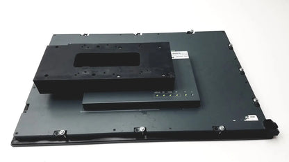 Black industrial-grade mounting plate assembly with control module and status lights on nexcom ippd2100p multimedia panel