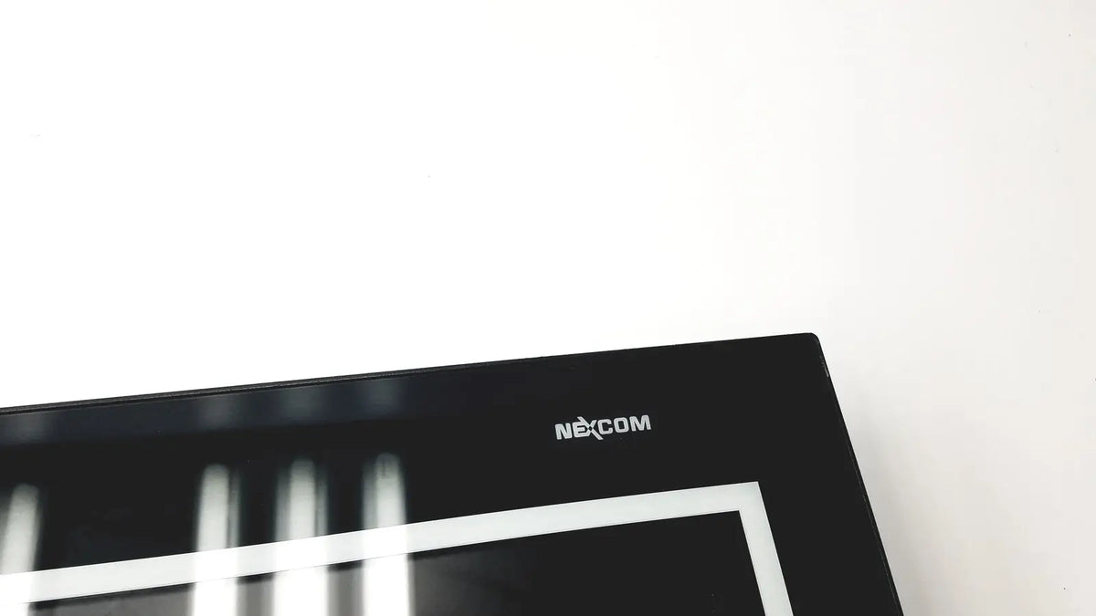 Black nexcom ippd2100p multimedia panel pc with glossy finish and white branding on top bezel
